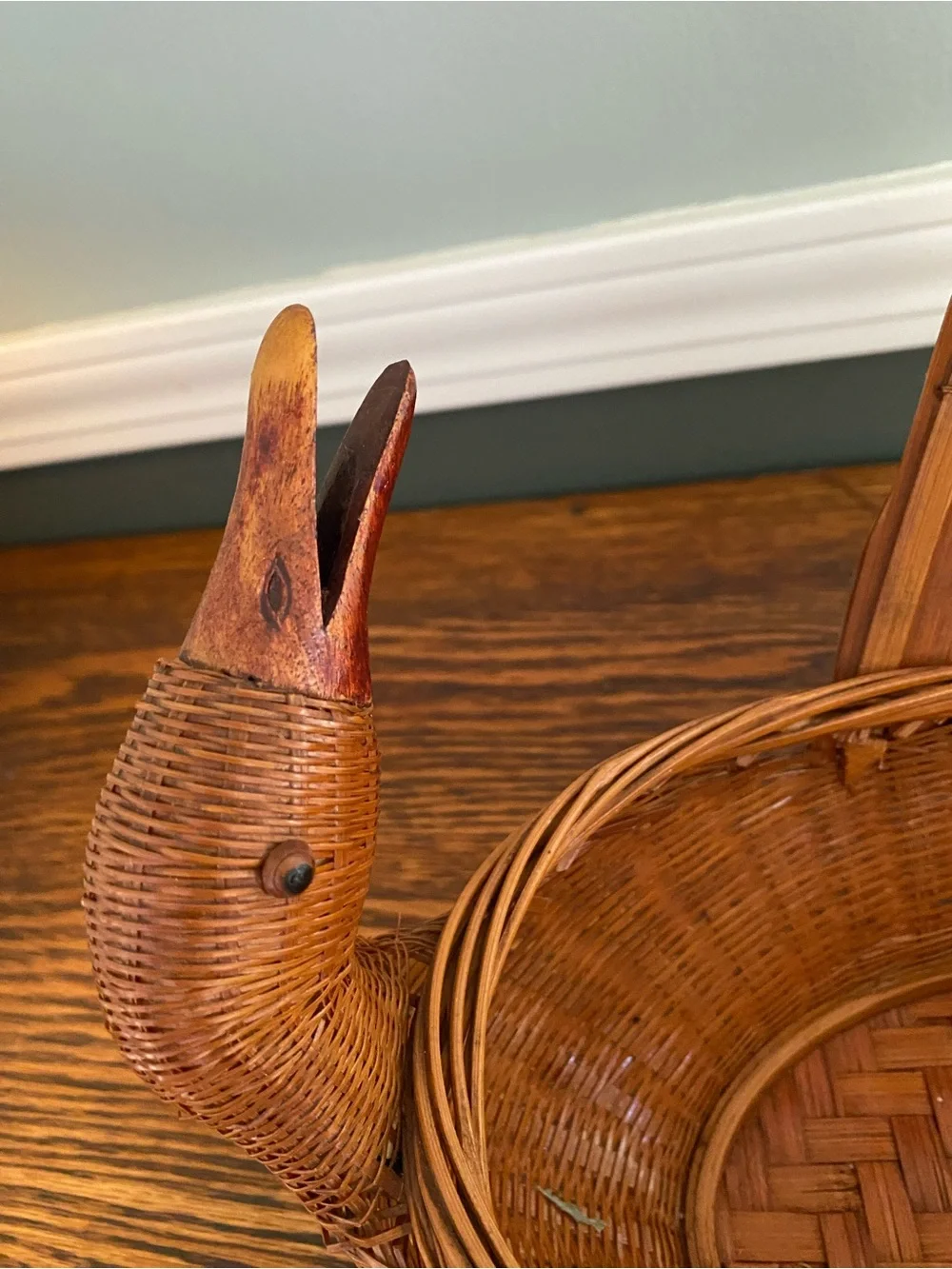 Vintage Woven Wicker Rattan Duck Basket Angled Neck Wood Beak Eyes